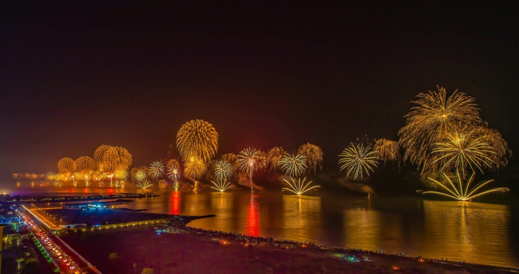 A breathtaking fireworks display lights up the night sky over Ras Al Khaimah's waterfront.
