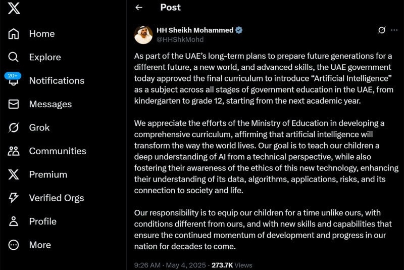 uae education minister twitrrer account latest tweet image. about UAE’s Bold Move: Introducing AI Education for Children 4th Grade uae