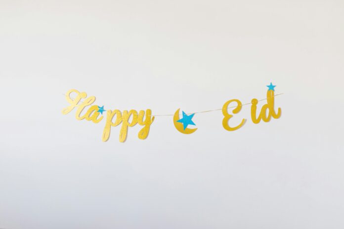 A decorative Eid Mubarak banner with stars, perfect for celebrating the Eid festival.