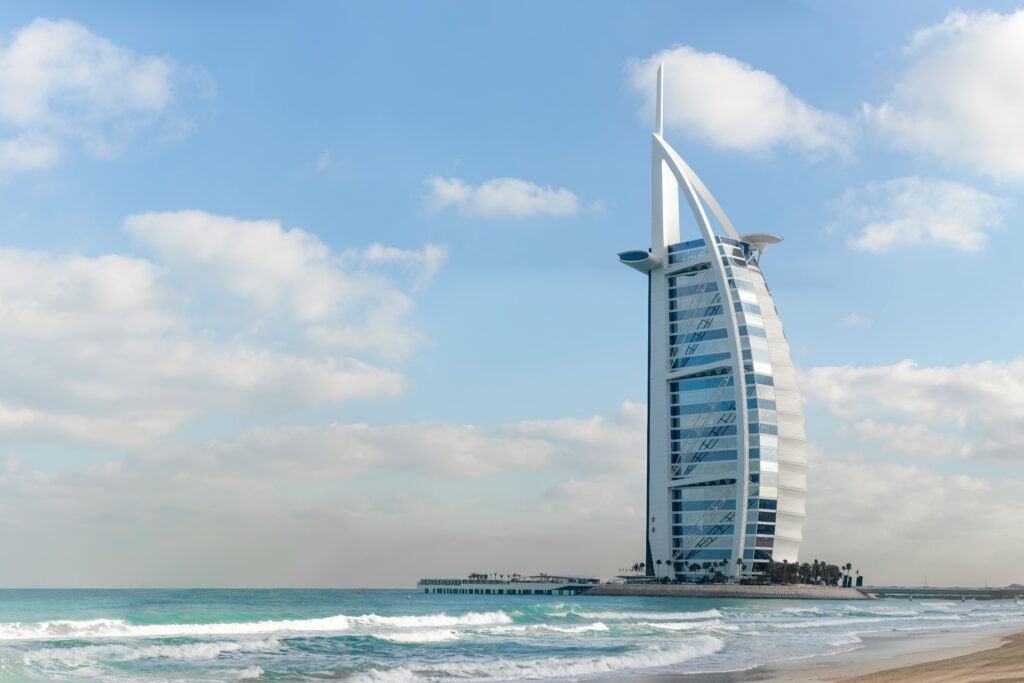 pexels-photo-2044434-2044434 Stunning view of Burj Al Arab with a serene beach setting in Dubai, UAE.