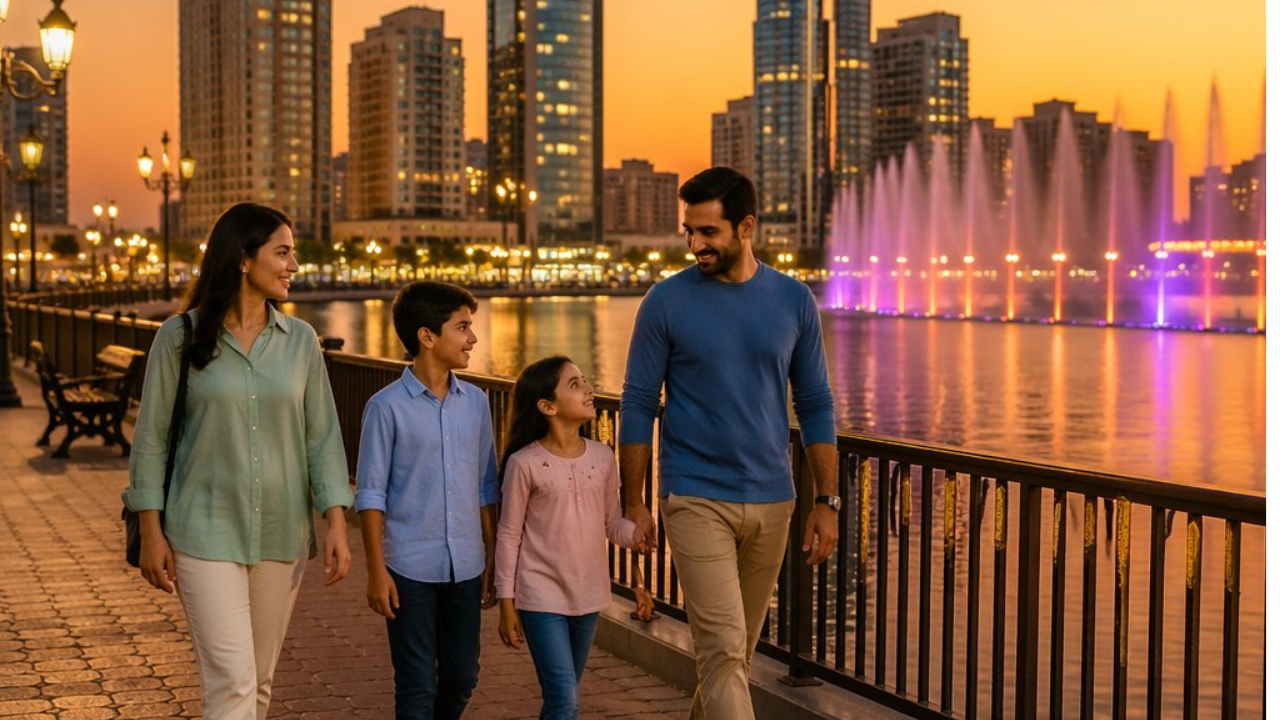 Happy family enjoying evening walk at Al Majaz Waterfront Sharjah with fountain lights and city view