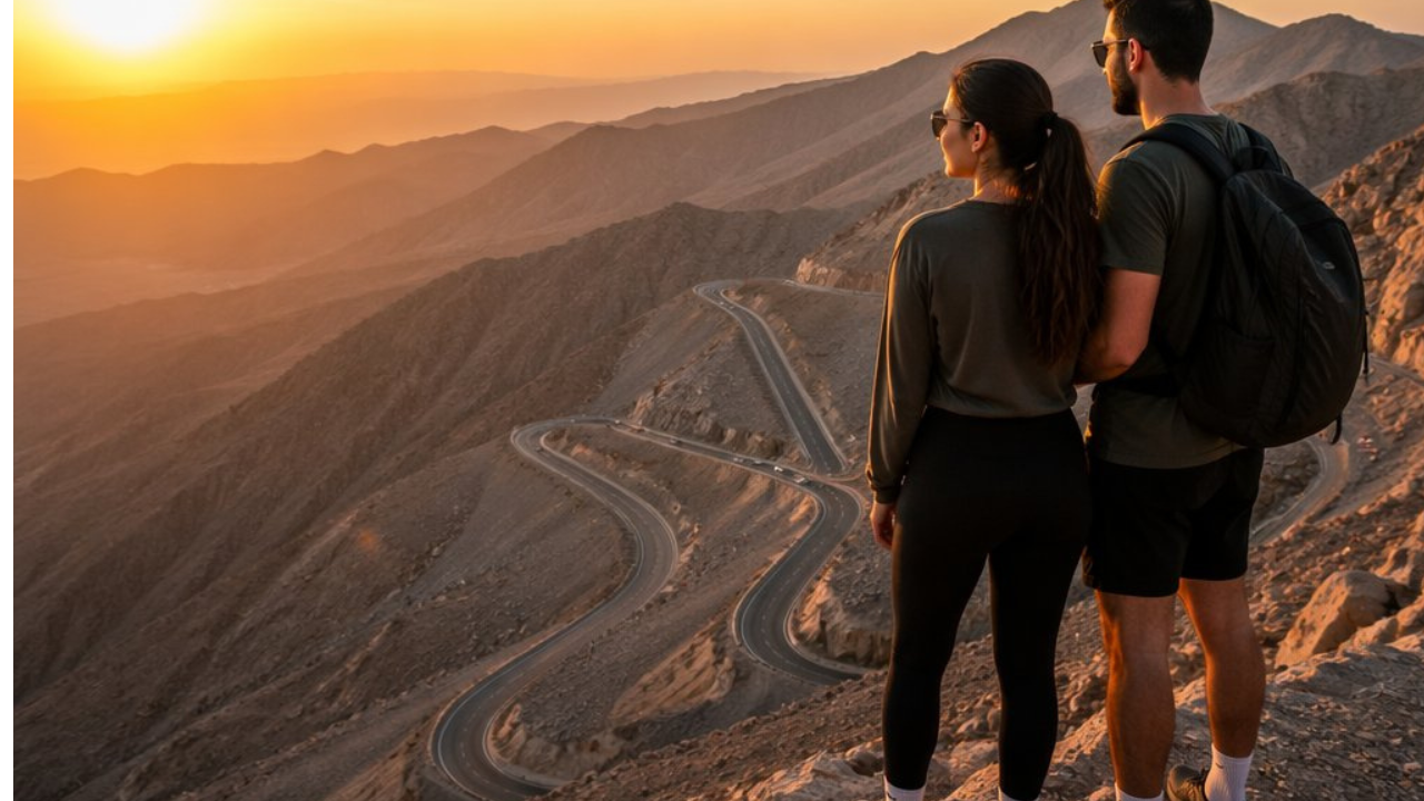 Couple enjoying mountain view at Jebel Jais Ras Al Khaimah during sunset adventure trip