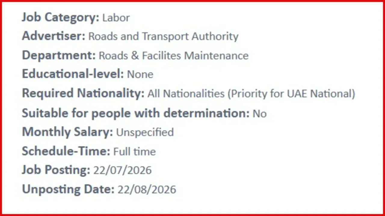 RTA Dubai labor vacancies