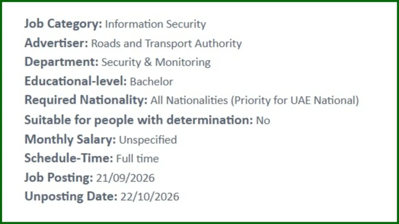 RTA Dubai Cybersecurity Jobs