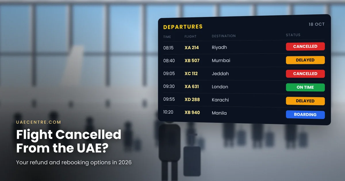 Departures board showing cancelled flights at a UAE airport