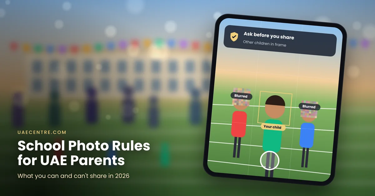 Featured image alt text Parent taking a photo at a UAE school event, privacy rules 2026